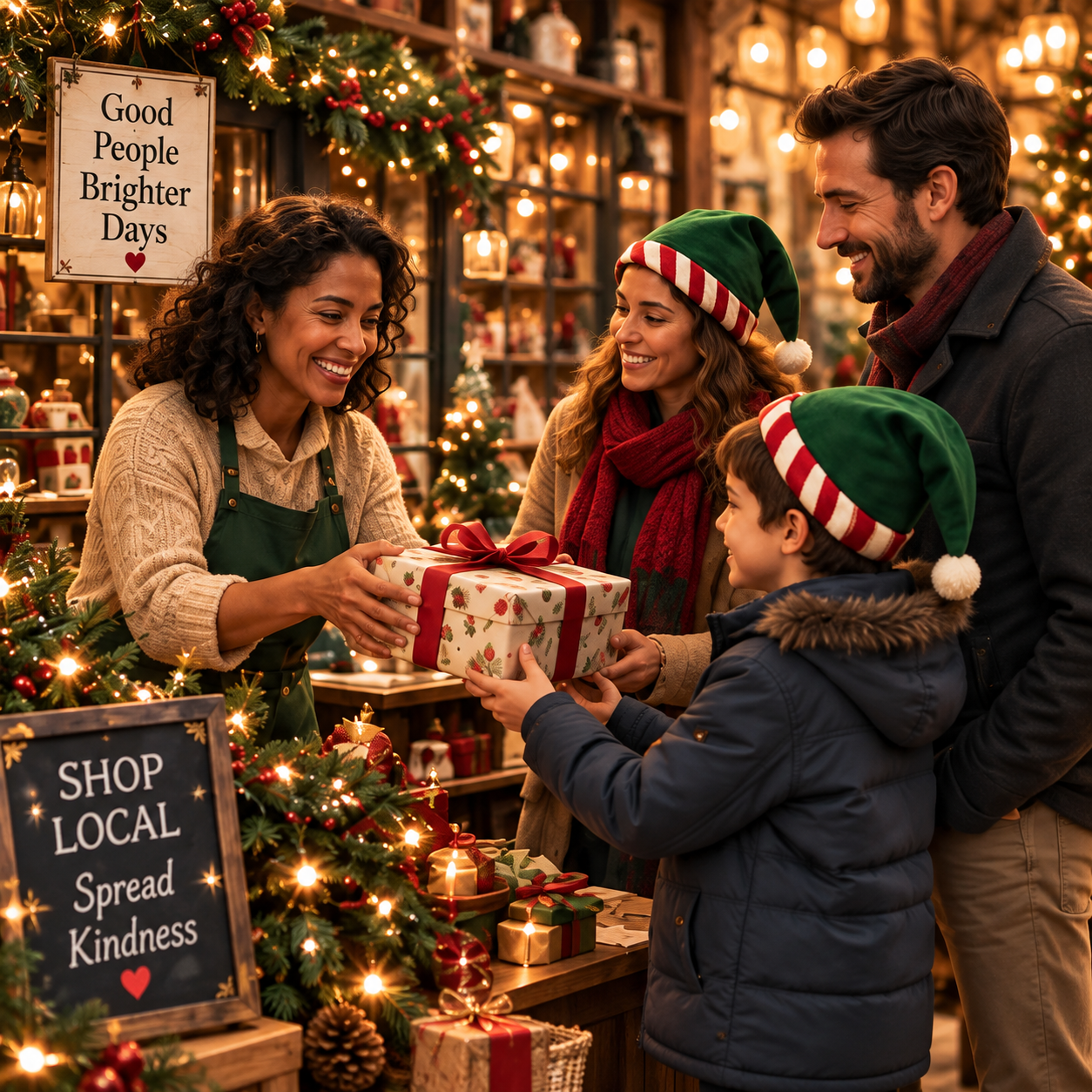 A local shop owner welcoming a family with a holiday parcel