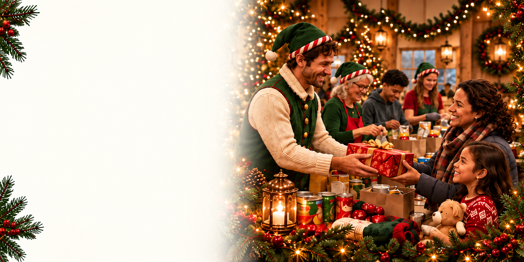 Families and volunteers sharing gifts and packing holiday groceries together
